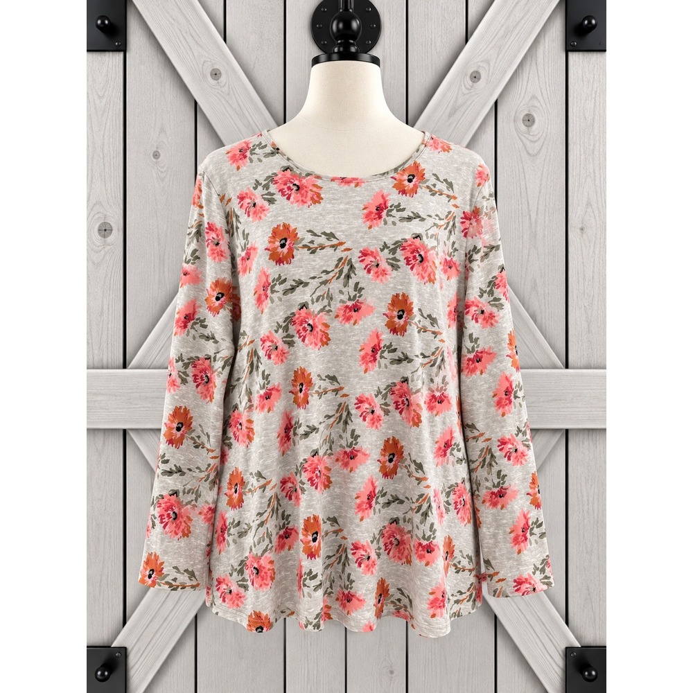 Croft & Barrow Classic Tee 2X Gray Coral Pink Floral Long Sleeve Cotton Top